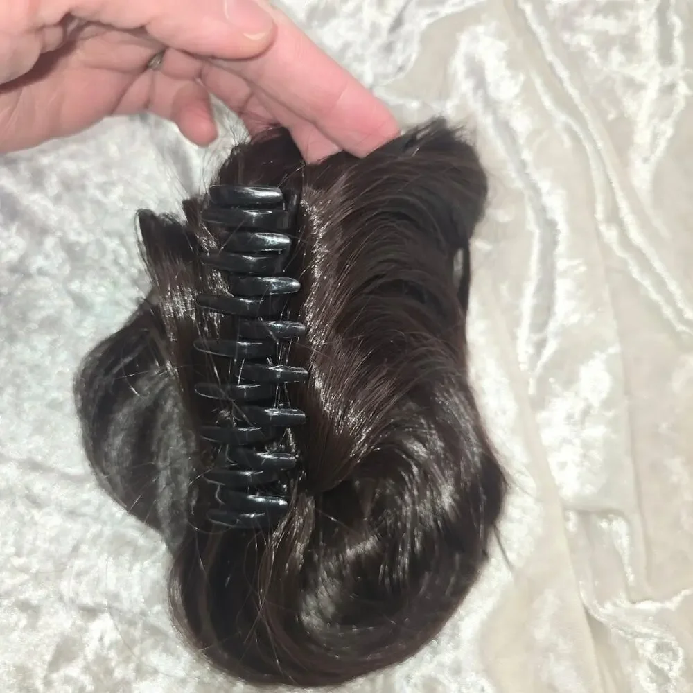 Short brown clip in extensions with wires hidden to add body to your bun!
